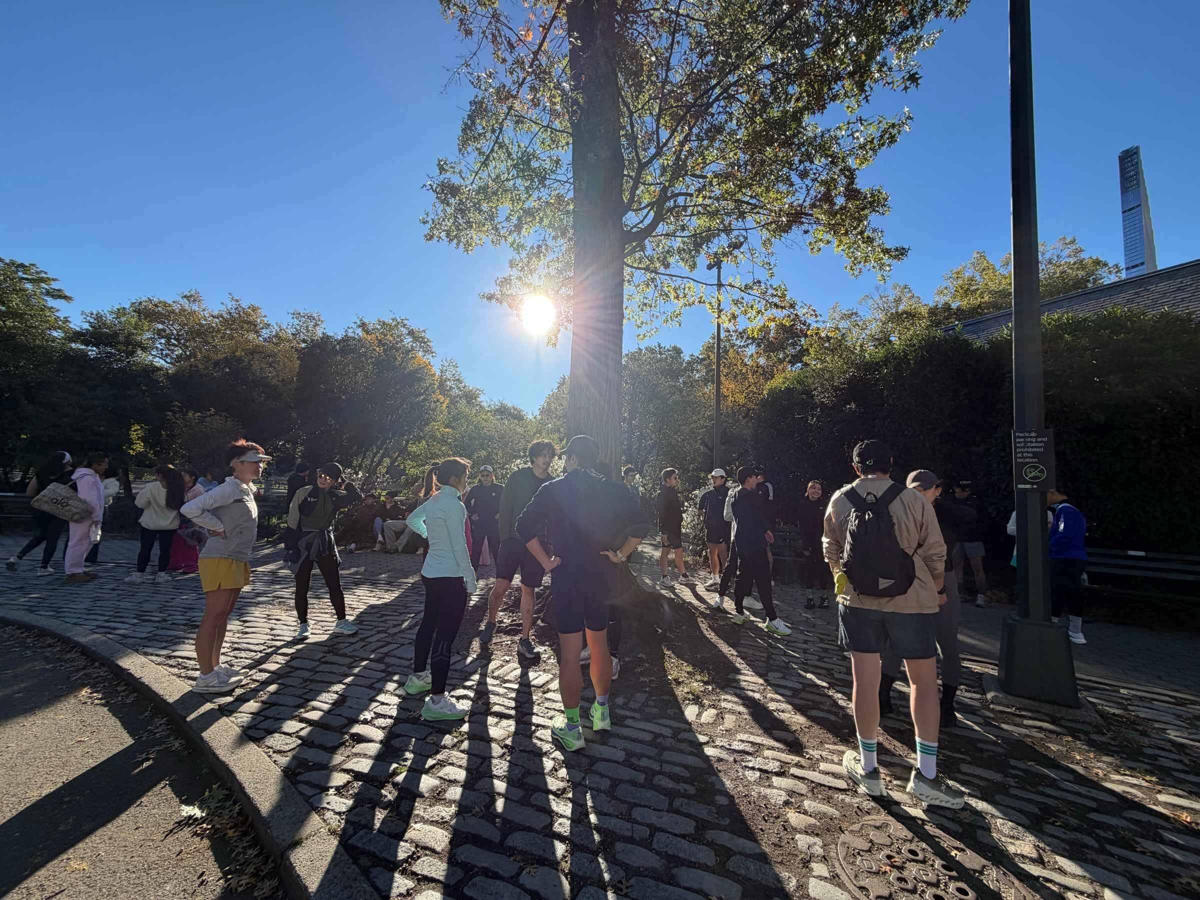 Runners gathering and warming up on the cobblestones by Tavern on the Green, sun shining through the trees